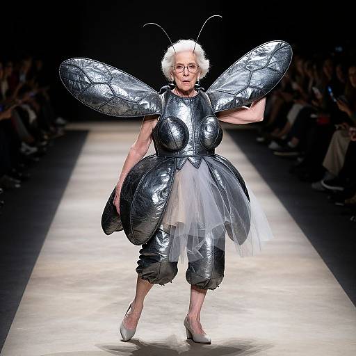 Elderly woman with white hair and glasses in a shiny black insect costume with large silver wings and white tutu on a runway, wearing white heels