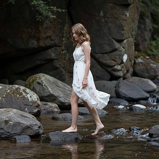 Young Woman Walking Barefoot Stream