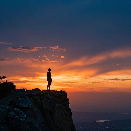 Silhouetted person standing on rocky cliff edge, gazing at vibrant orange and purple sunset sky, with distant landscape below. Photograph.