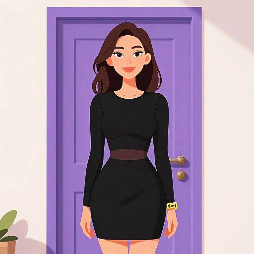 Digital illustration of a smiling woman with long brown hair, wearing a black long-sleeve dress and yellow watch, standing in front of a purple door