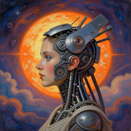 Digital painting of a futuristic, cybernetic woman with mechanical headgear, glowing orange sun, and swirling cosmic background. She gazes forward, showcasing