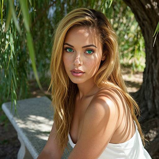 Photograph of a blonde, green-eyed woman with fair skin, wearing a white strapless top, sitting outdoors under a tree with hanging leaves. Sun