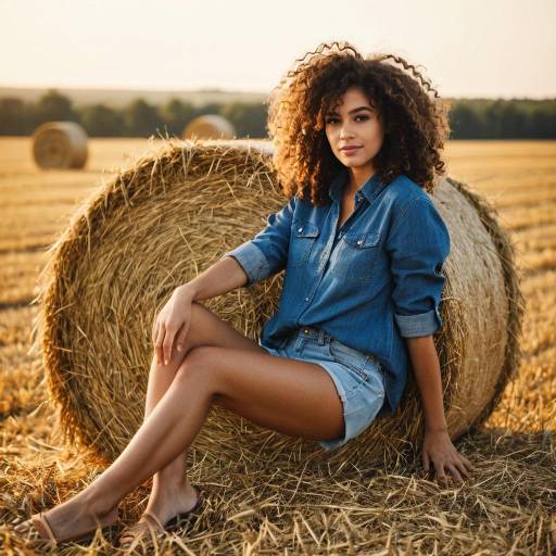 Young Woman Sitting by Hay Bale in Field