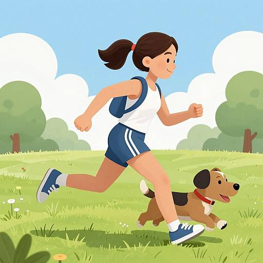 Digital illustration of a brown-haired girl in white and blue running clothes, jogging with a happy brown and black dog on a sunny, grassy field with
