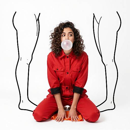 Woman in Red Jumpsuit Blowing Bubble Gum