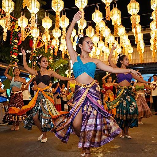 Photograph of vibrant Asian dance performance at night, featuring women in colorful, patterned skirts and blue crop tops, raising arms under glowing lanterns.