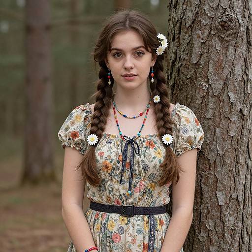 Young woman with braided brown hair, floral dress, and flower headpiece, standing by a tree in a forest, wearing colorful bead necklace.