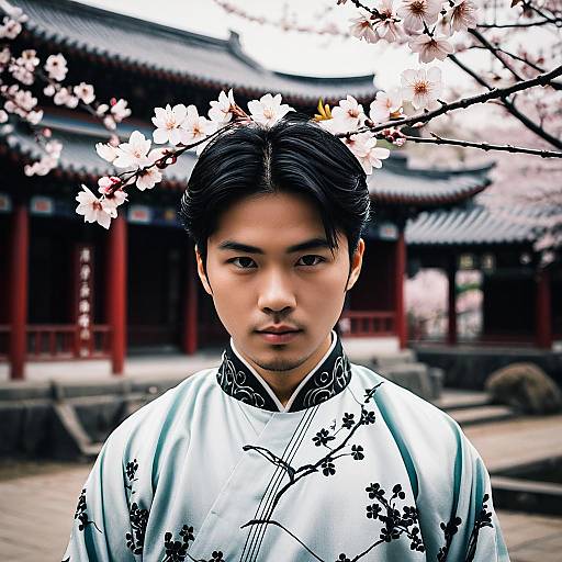 Asian Man in Traditional Chinese Outfit with Cherry Blossoms