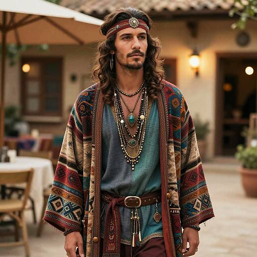 Photograph of a long-haired, bearded man in a colorful, patterned robe, headband, and multiple necklaces, standing outdoors in a
