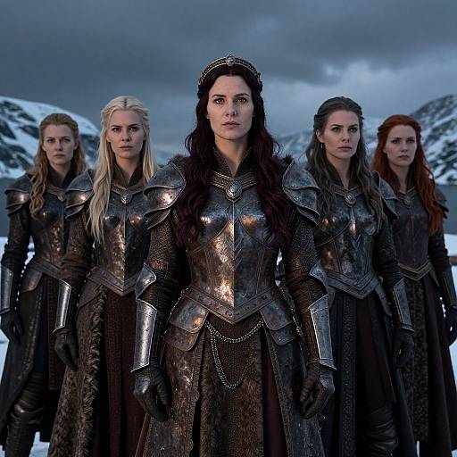 Photograph of five women in medieval armor standing in front of snowy mountains under a cloudy sky, from the TV series 