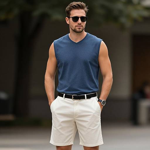 Photograph of a muscular, bearded man with short brown hair, wearing black sunglasses, sleeveless blue shirt, white shorts, black belt, and