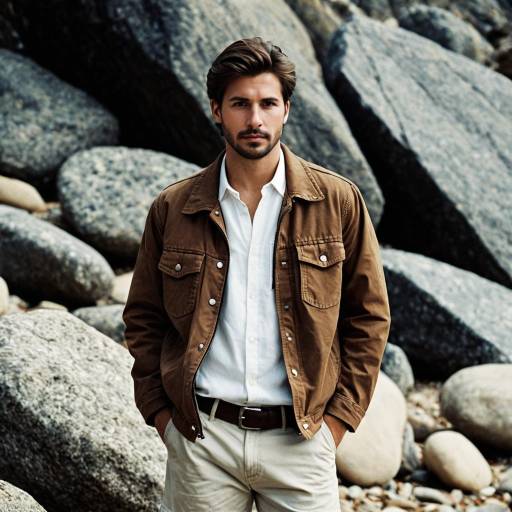 Man in Brown Jacket Standing on Rocky Beach