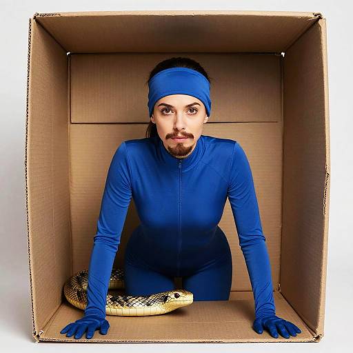 Photograph of a man with a beard, blue bodysuit, gloves, and headband, leaning in a cardboard box with a snake on his