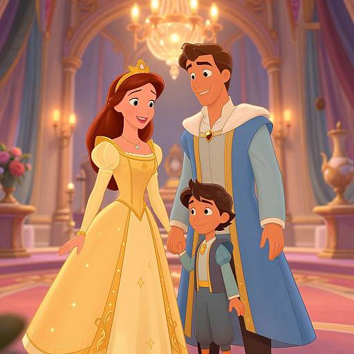 Digital illustration of Disney's Beauty and the Beast characters: Belle in a yellow ball gown, Beast in a blue coat, and their son in a matching