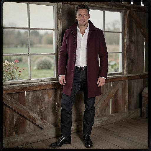 Photograph of a handsome, bearded man in a white shirt and dark coat, standing in a rustic wooden room with large windows, greenery outside