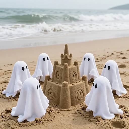 Photograph of six white ghost toys with black eyes, gathered around a detailed sandcastle on a sandy beach with ocean waves in the background.