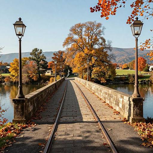 Photograph of a cobblestone bridge with vintage lampposts, flanked by a calm river, autumn trees, and distant hills under a