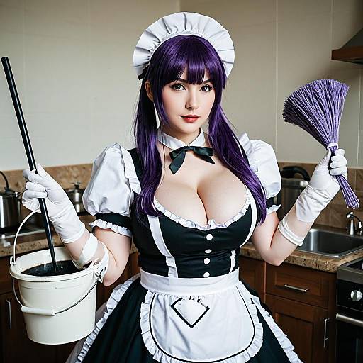 Digital artwork of an anime-style woman in a black and white French maid outfit, holding a mop and bucket in a kitchen. She has long purple hair