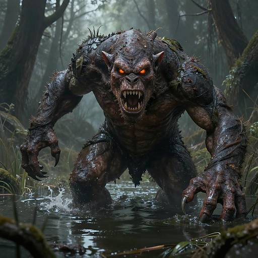 Digital artwork of a terrifying, muscular werewolf with glowing red eyes, sharp claws, and tattered fur, emerging from a dark, misty forest