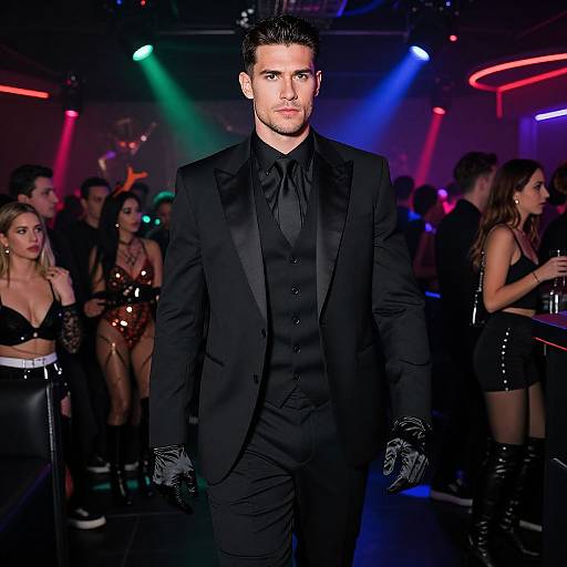 Photograph of a handsome man in a black suit and gloves, walking down a neon-lit club runway, surrounded by glamorous women in revealing outfits.