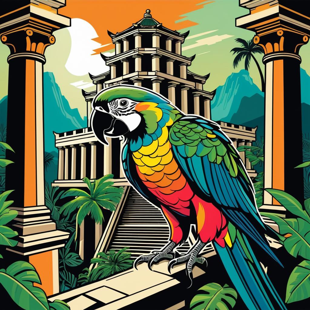 Vibrant Parrot in Escher-Style Ruins