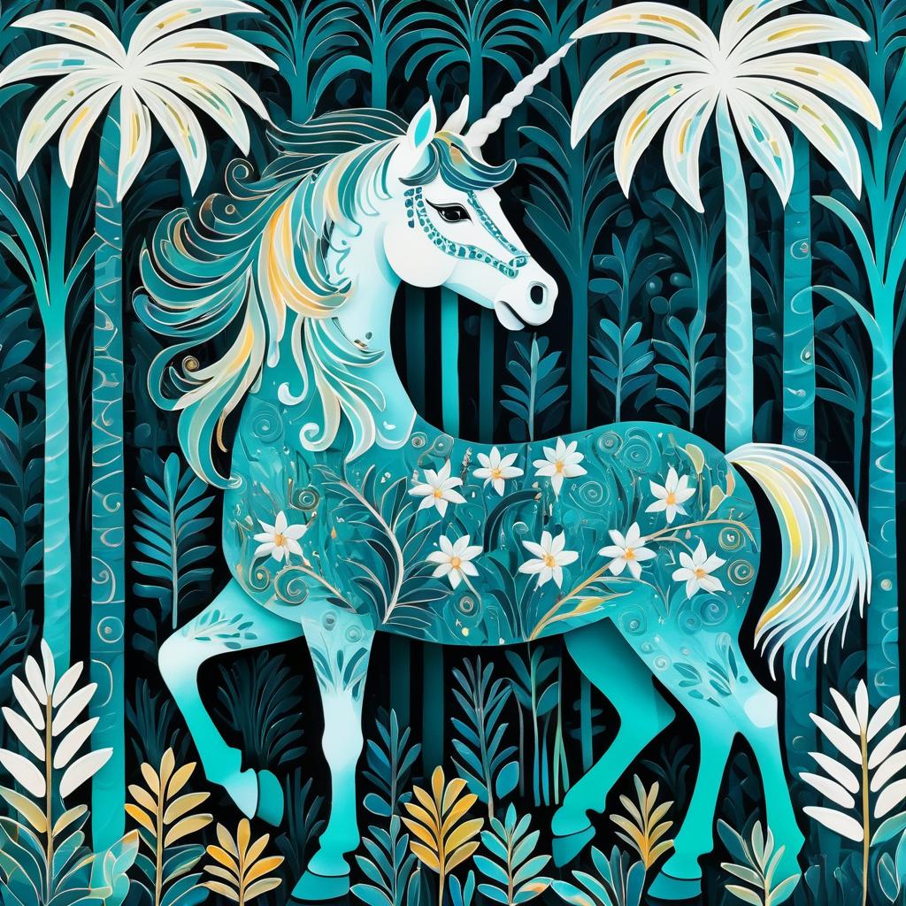 Mystical Unicorn in Gond Style Oil Painting