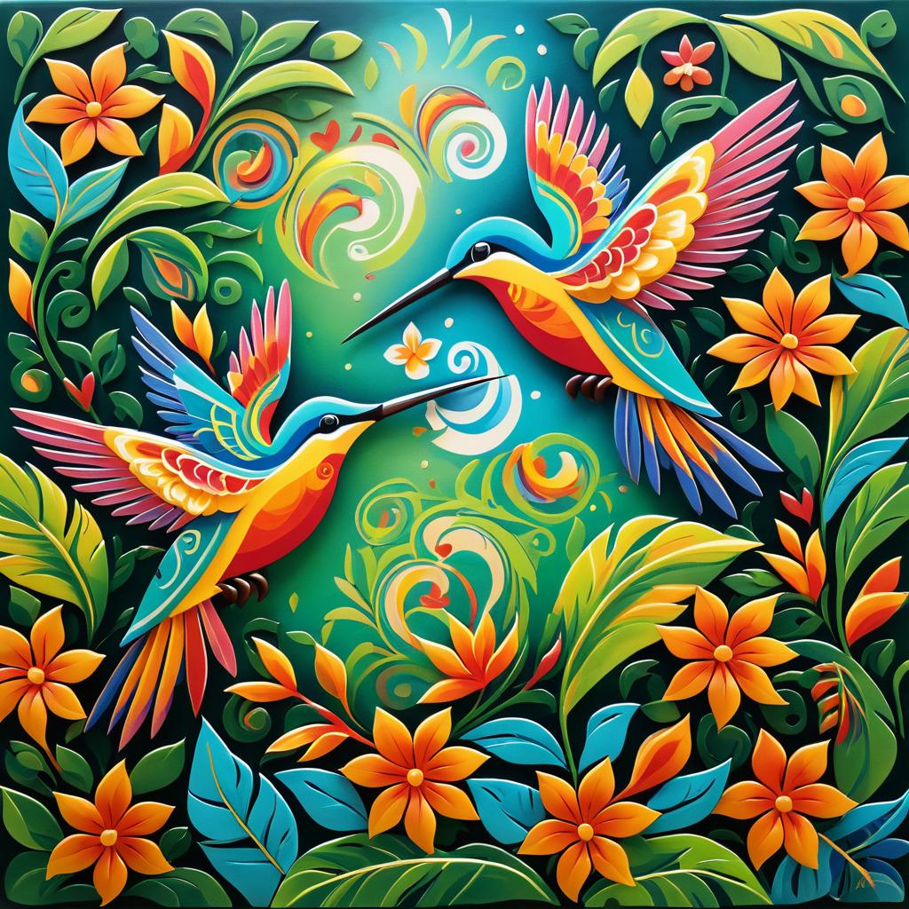 Vibrant Mayan Mural of Joyful Hummingbirds