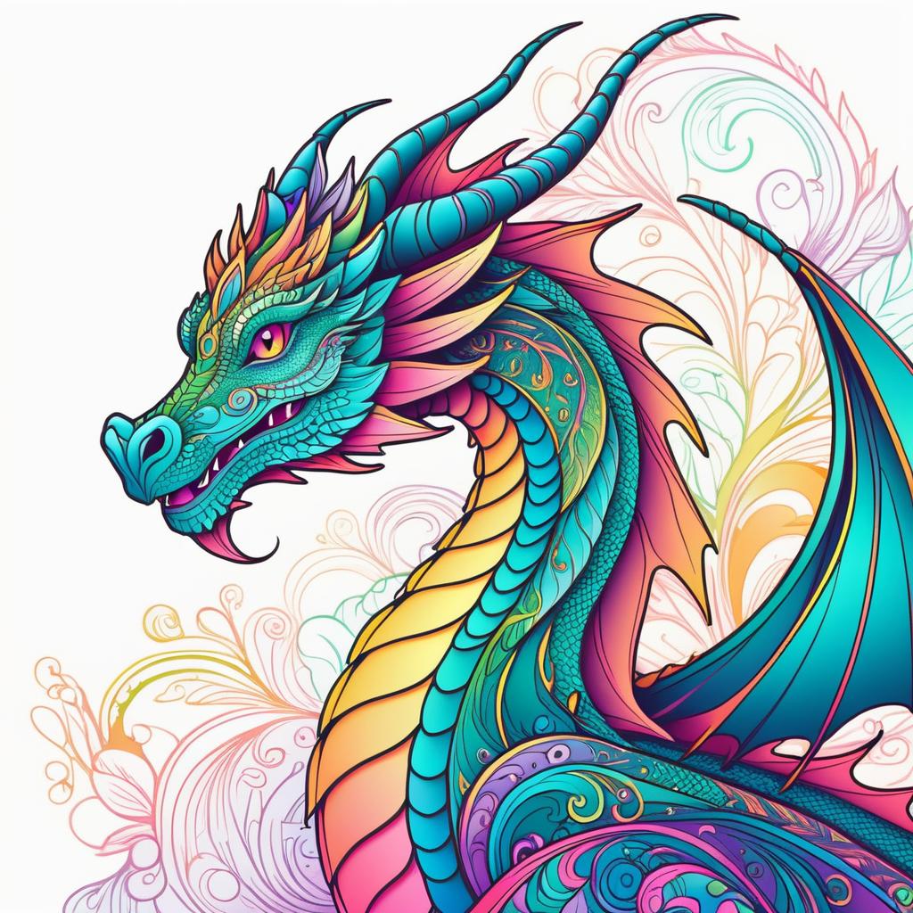 Vibrant Pastel Dragon Line Art Decor