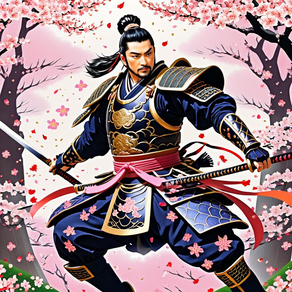 Dramatic Samurai in Cherry Blossom Grove