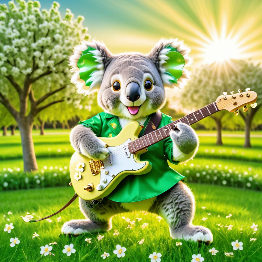 Cheerful Koala with Electric Guitar in Clover