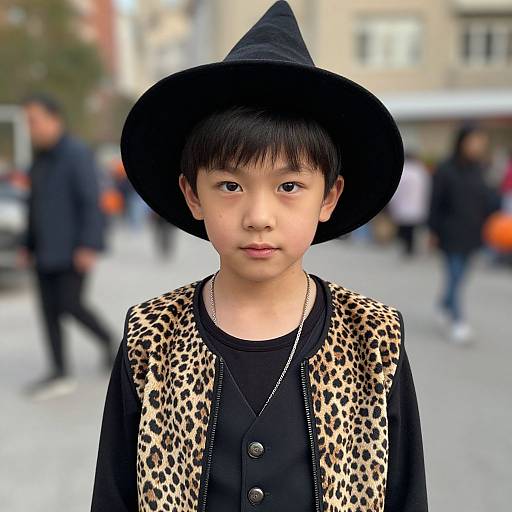 Photograph of an Asian boy with short black hair, wearing a black witch hat, black shirt, and leopard print vest, standing in a blurred city
