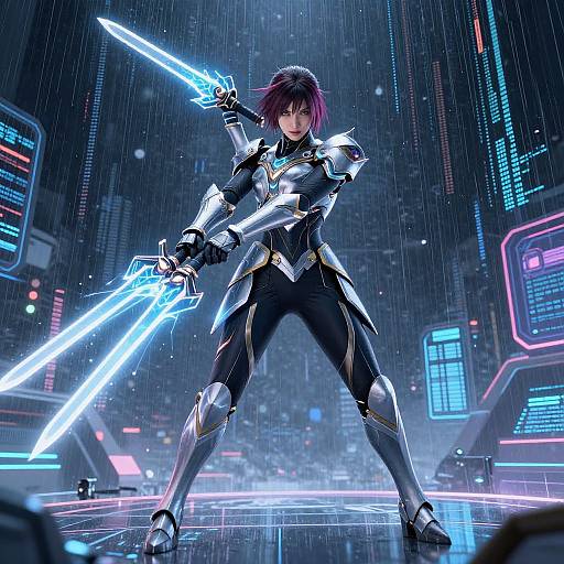 Digital anime-style artwork of a purple-haired, armored warrior wielding glowing blue swords in a futuristic, neon-lit, rainy cityscape.