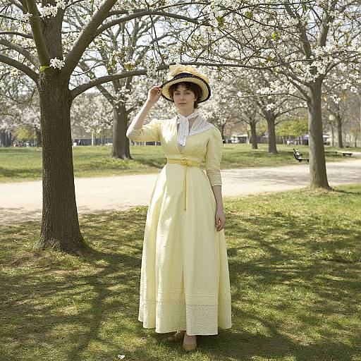Photograph of a woman in a light yellow, long-sleeve, Victorian-style dress and wide-brimmed hat, standing in a sunlit