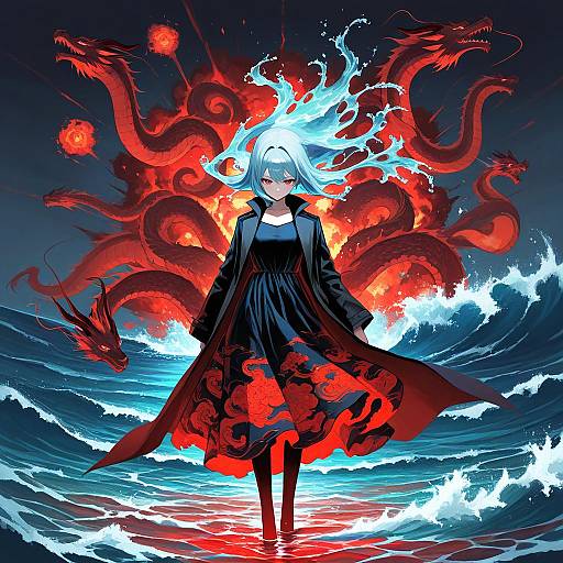 Digital anime artwork of a silver-haired woman with glowing blue headpiece, black dress, and red dragon-like flames surrounding her in turbulent ocean waves.