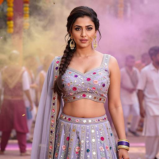 Photograph of a beautiful Indian woman with long braided hair, wearing a silver embroidered traditional outfit, standing confidently in a colorful, festive background with smoke