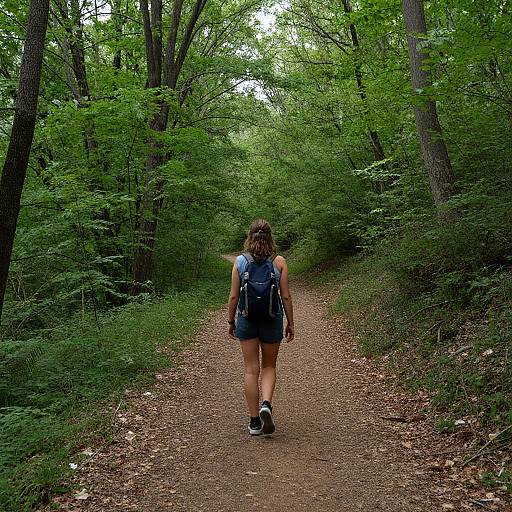 Photograph of a woman with brown curly hair, wearing a blue backpack, sleeveless top, and shorts, walking on a wooded trail.
