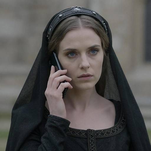 Medieval Woman in Black Veil Talking on Phone