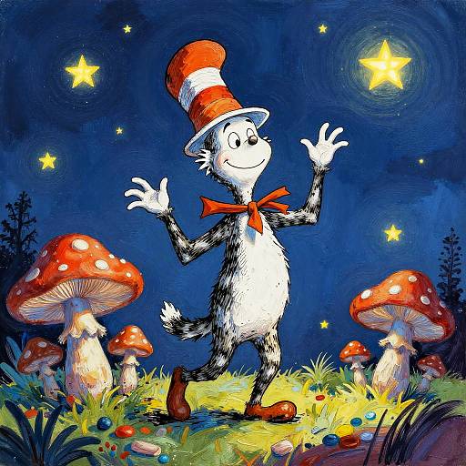 Colorful illustration of a smiling white-furred cat with a red hat and bowtie, dancing under a starry night sky with giant red and white