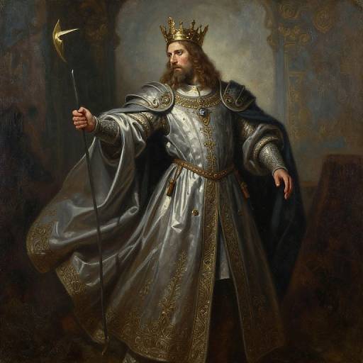 Baroque-style painting of a bearded king with long brown hair, gold crown, and ornate silver robe, holding a scepter, standing in