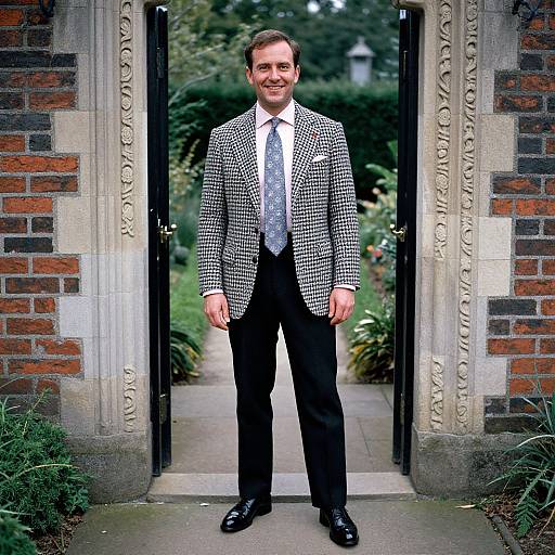 Photograph of a smiling man in a black-and-white checkered blazer, white shirt, blue patterned tie, and black pants, standing in