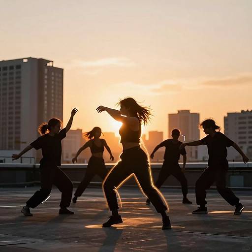 Silhouetted group of dancers in motion against a vibrant sunset on a rooftop, with tall buildings in the background. Photograph.