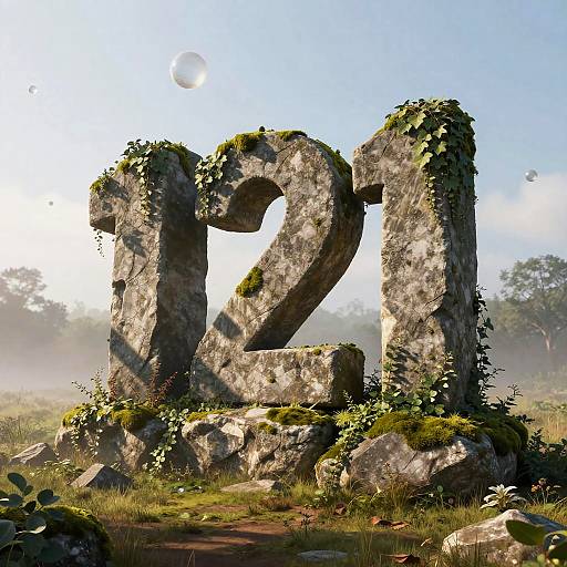 Photorealistic CGI of weathered, moss-covered stone letters 