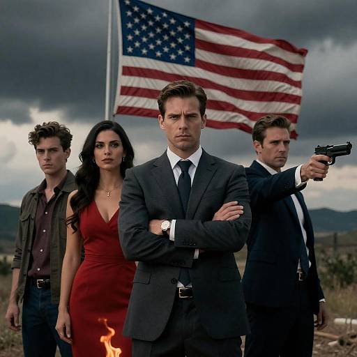 Dramatic group with American flag and gun
