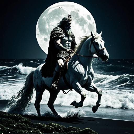 Poseidon Riding White Horse Under Full Moon