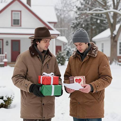 Two Men with Gifts in Snowy Yard