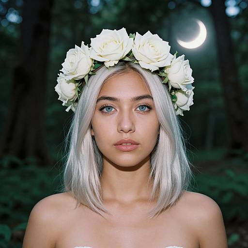 Photograph of a fair-skinned woman with silver hair, blue eyes, and a white flower crown, standing in a dark forest under a crescent