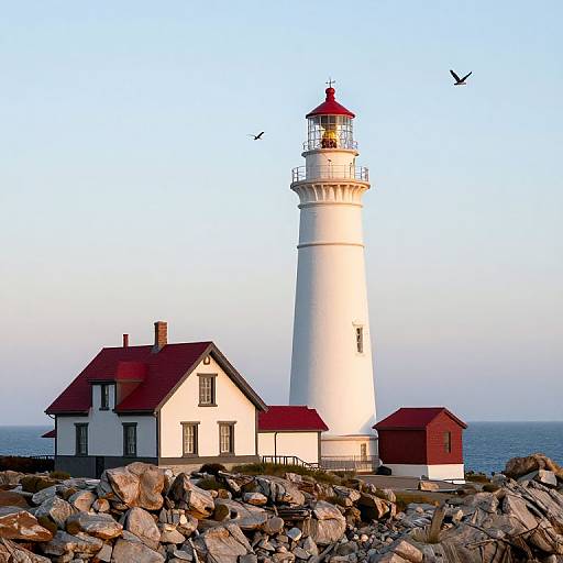 Photograph of a white lighthouse with red roof, beside a white house with red roof, on rocky shore, blue ocean, clear sky, and