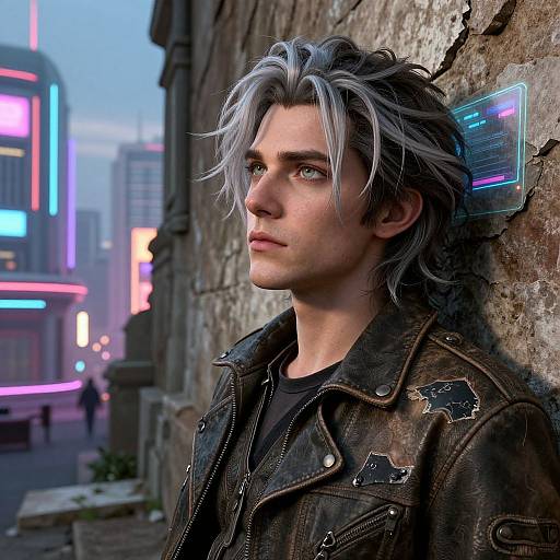 Cyberpunk-style digital artwork of a silver-haired, blue-eyed man with a weathered leather jacket, leaning against a neon-lit urban wall.