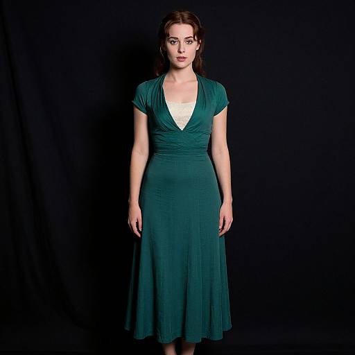 Photograph of a fair-skinned woman with brown hair, wearing a deep green, V-neck, short-sleeve dress, standing against a black