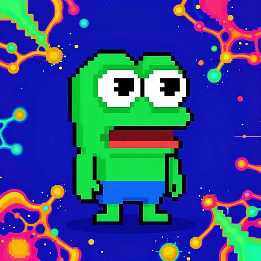 Pixel art of a green, blocky frog with large white eyes and a red mouth, standing against a vibrant, colorful cosmic background with neon splashes